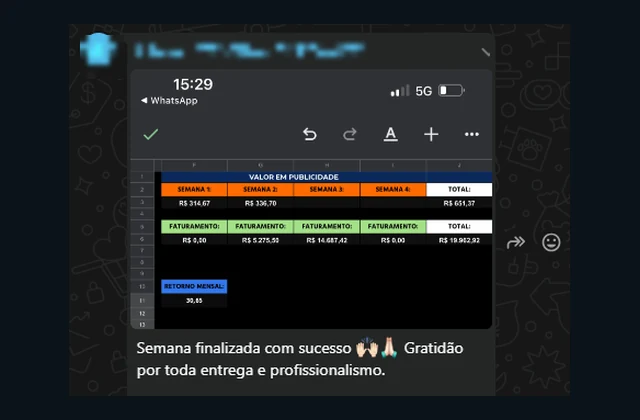Mensagem de uma cliente: Semana finalizada com sucesso, gratidão por toda entrega e profissionalismo. Planilha: R$ 651,37 investidos em publicidade e R$ 19.962,92 de faturamento