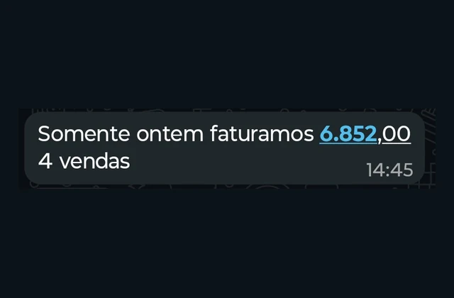 Mensagem de WhatsApp: Somente ontem faturamos 6.852,00, 4 vendas